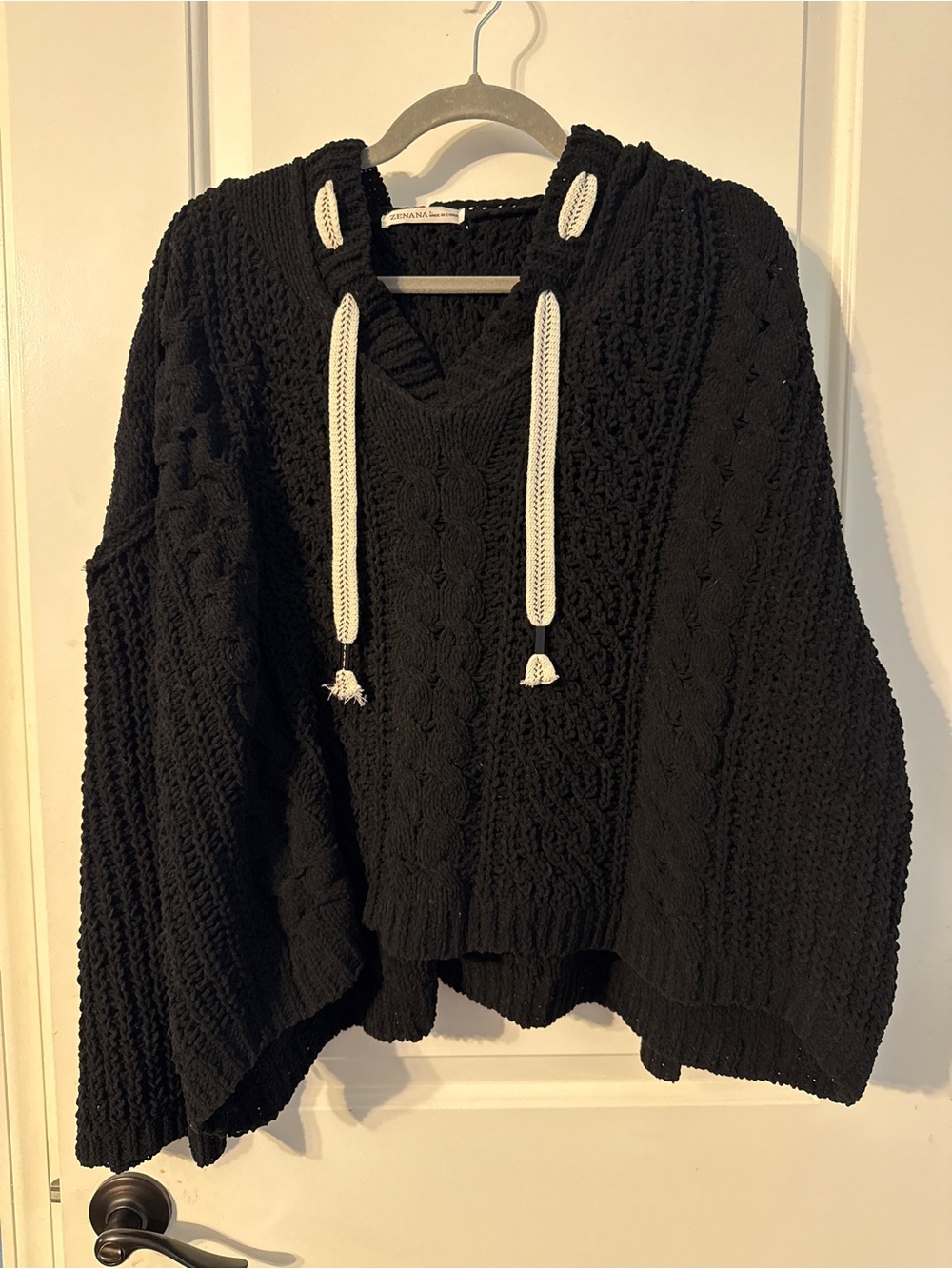 Zenana Outfitters Black Cable-Knit V-Neck Hoodie Sweater with White Drawstrings